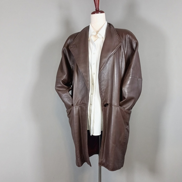 Vintage LNR Oversized Leather Blazer Trench Brown Size M - Picture 12 of 14